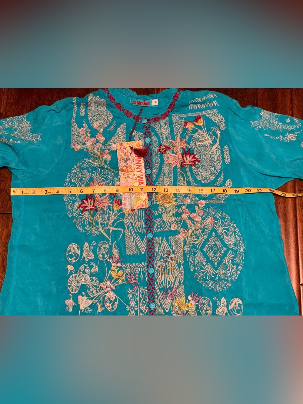 Johnny Was Turquoise Floral Embroidered Tunic Top - Picture 10 of 14